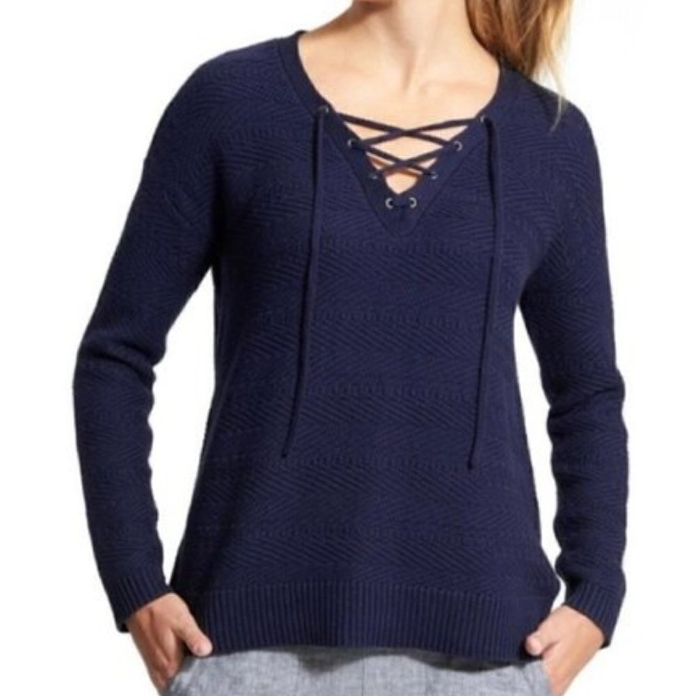 athleta sunset sweayet navy lace up sweater size XL